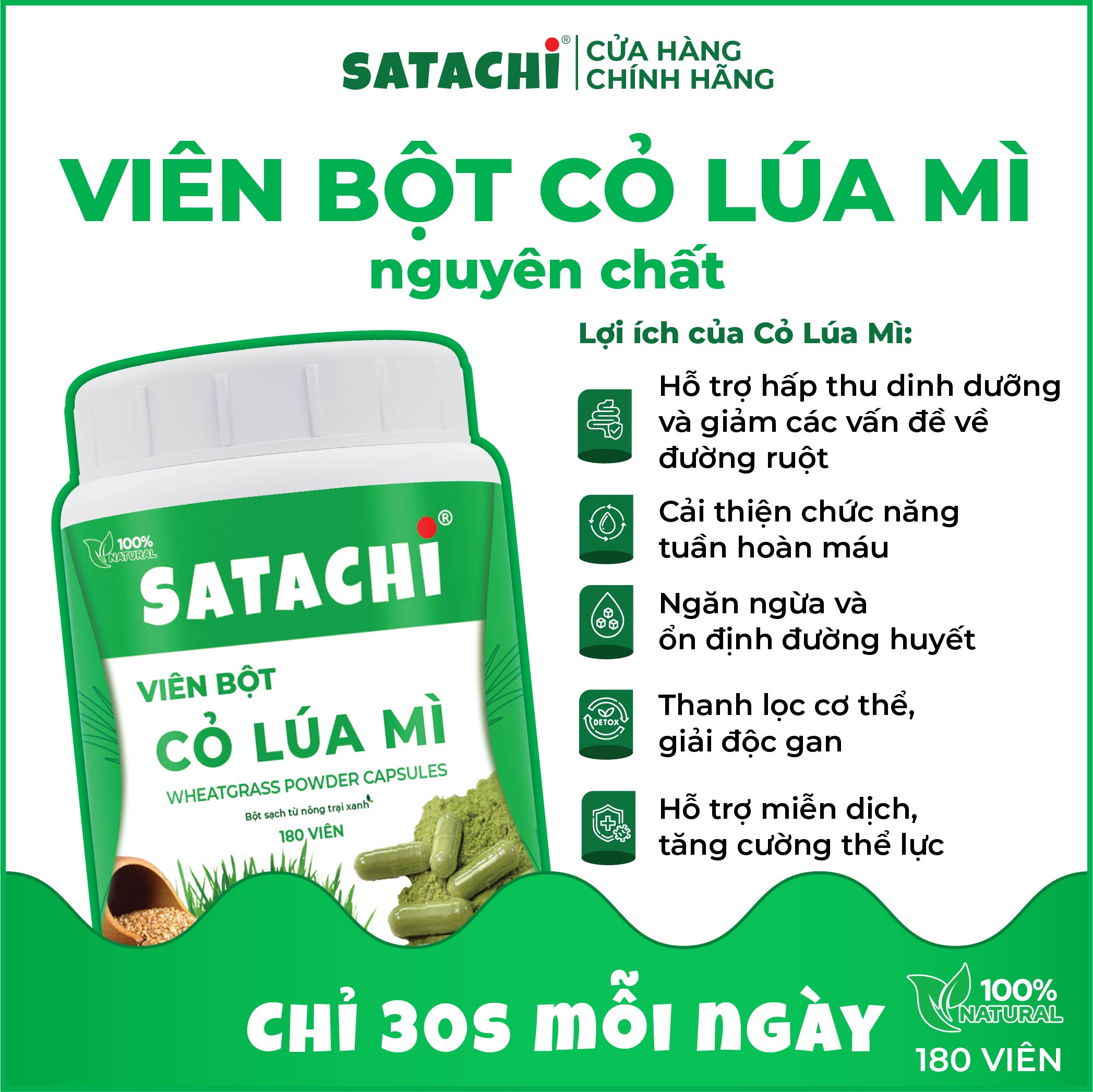 Viên Bột Cỏ Lúa Mì SATACHI nguyên chất