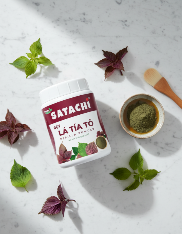 bột tía tô Satachi pha mặt nạ với lá tía tô tươi và cọ thoa trên đá cẩm thạch