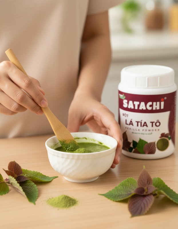 tay khuấy bột tía tô Satachi trong chén trắng để pha mặt nạ sáng da