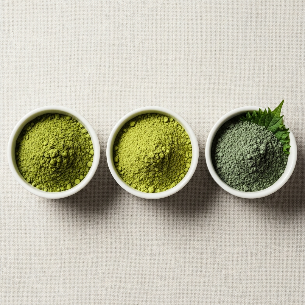 ba loại bột rau củ khác nhau trong bát sứ trắng để so sánh