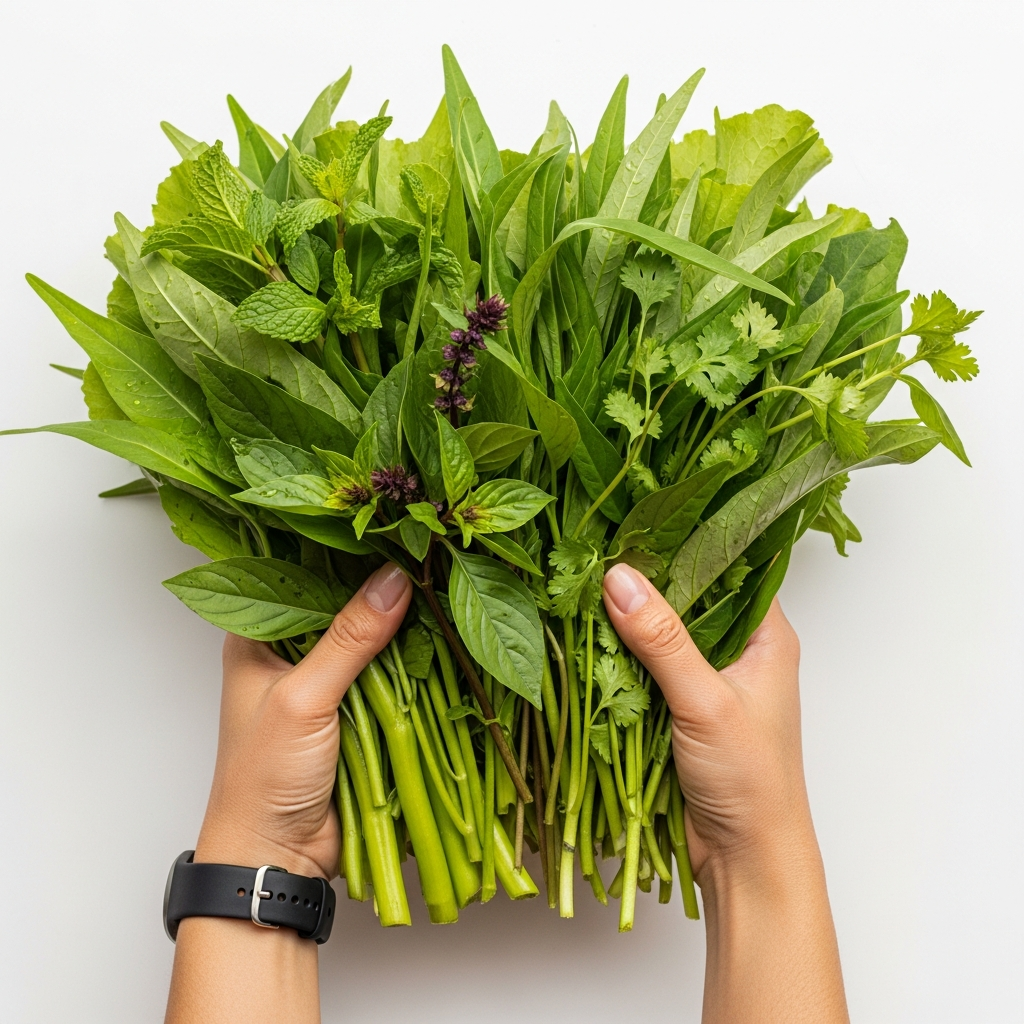 400g rau mỗi ngày — tay cầm bó rau xanh Việt Nam