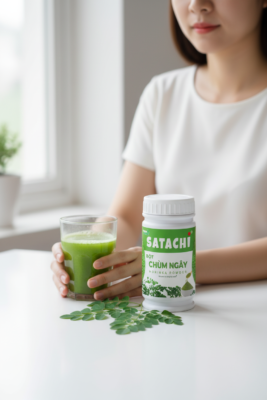 bột chùm ngây satachi hũ lớn nền xanh lá