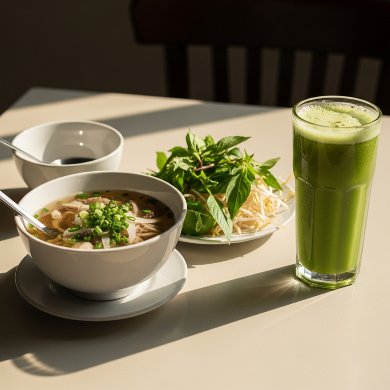 bua sang Viet Nam pho va nuoc rau xanh