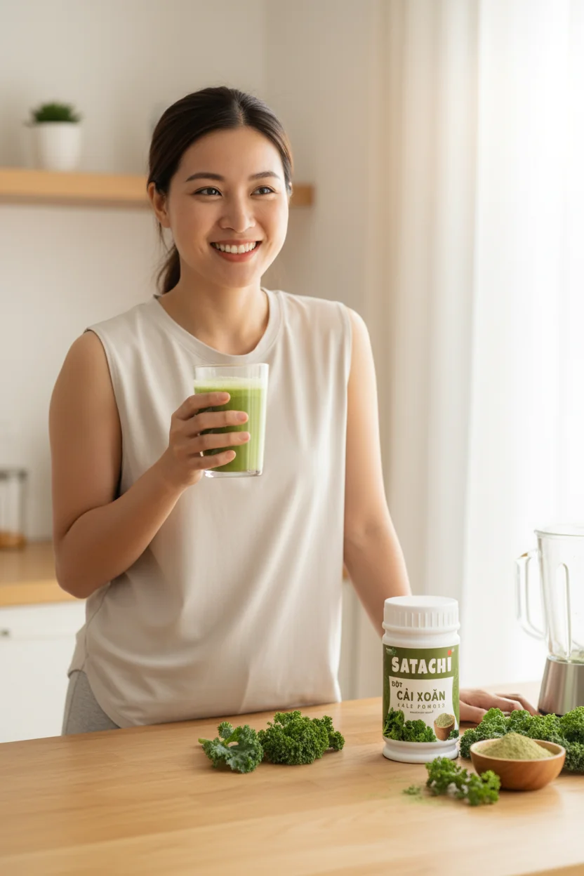 Nguoi phu nu cam ly nuoc bot kale xanh tuoi Satachi