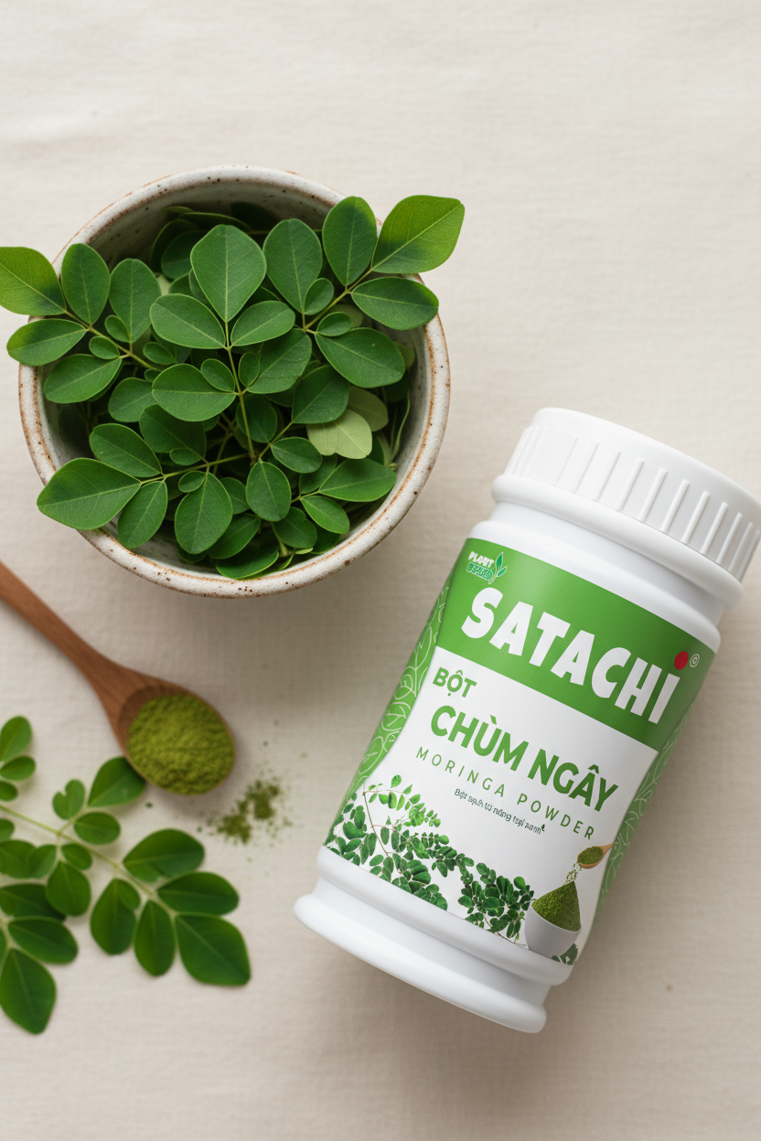 lá chùm ngây tươi trong bát gốm sứ trên nền kem