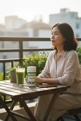 Nguoi phu nu Viet uong nuoc gung vang buoi sang tren ban cong